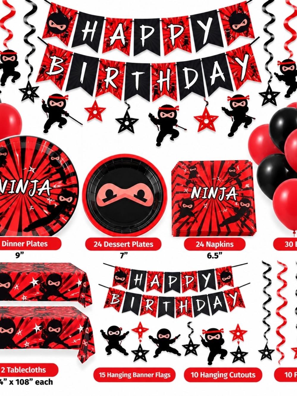 Ninja Party Supplies Kit - Red & Black - Birthday Decoration Set 138pcs